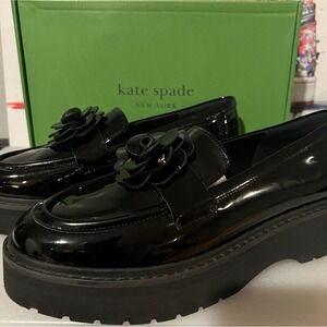 Kate Spade Loafers Womens Black NEW Patent Leather Flower Platform Lug Sole Shoe